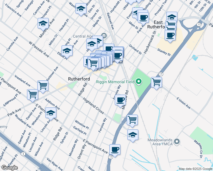 map of restaurants, bars, coffee shops, grocery stores, and more near 74 Orient Way in Rutherford