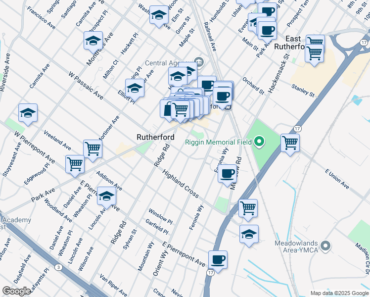 map of restaurants, bars, coffee shops, grocery stores, and more near 61 Sylvan Street in Rutherford