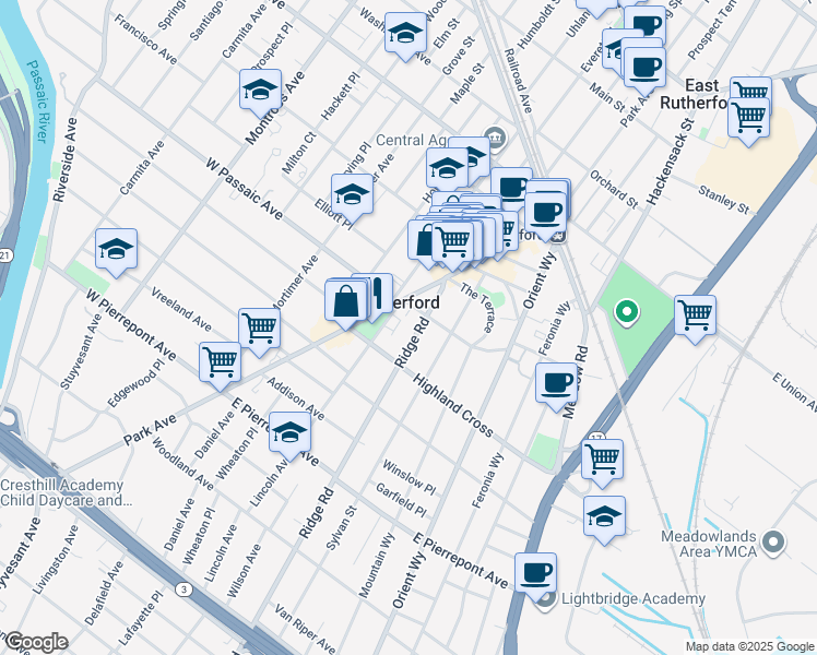 map of restaurants, bars, coffee shops, grocery stores, and more near 41 Ridge Road in Rutherford