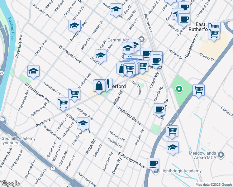 map of restaurants, bars, coffee shops, grocery stores, and more near 41 Ridge Road in Rutherford