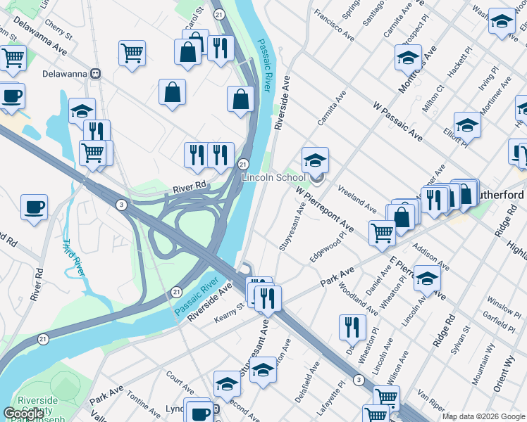 map of restaurants, bars, coffee shops, grocery stores, and more near 491 Riverside Avenue in Rutherford