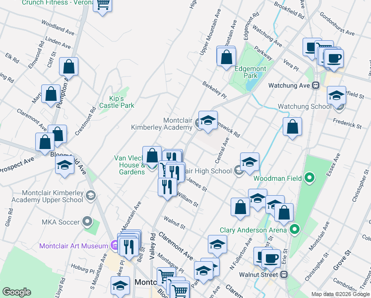 map of restaurants, bars, coffee shops, grocery stores, and more near 180 Valley Road in Montclair