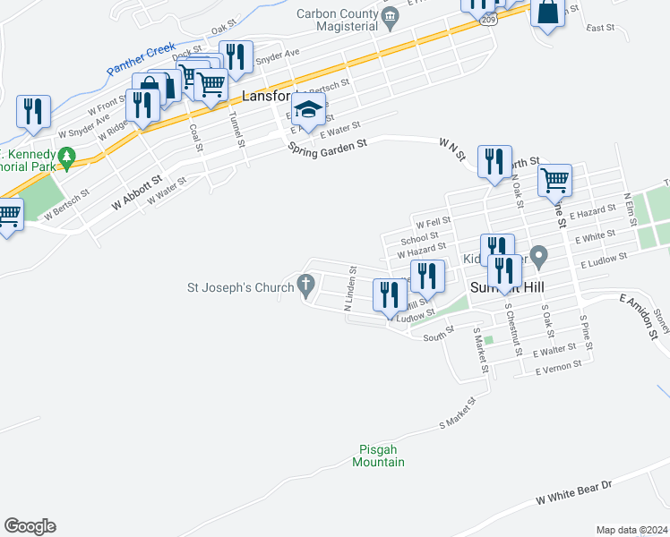 map of restaurants, bars, coffee shops, grocery stores, and more near 418 West White Street in Summit Hill