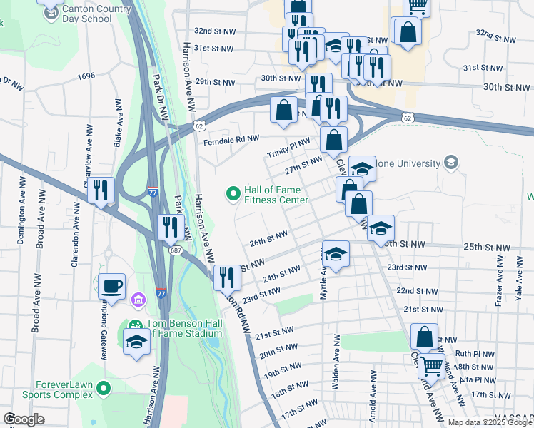 map of restaurants, bars, coffee shops, grocery stores, and more near 2642 Caprice Avenue Northwest in Canton