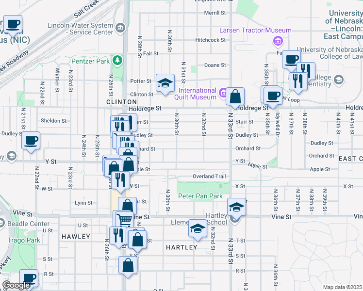 map of restaurants, bars, coffee shops, grocery stores, and more near 3046 Orchard Street in Lincoln