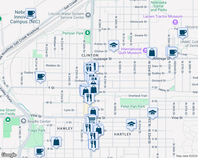 map of restaurants, bars, coffee shops, grocery stores, and more near 2808 Orchard Street in Lincoln