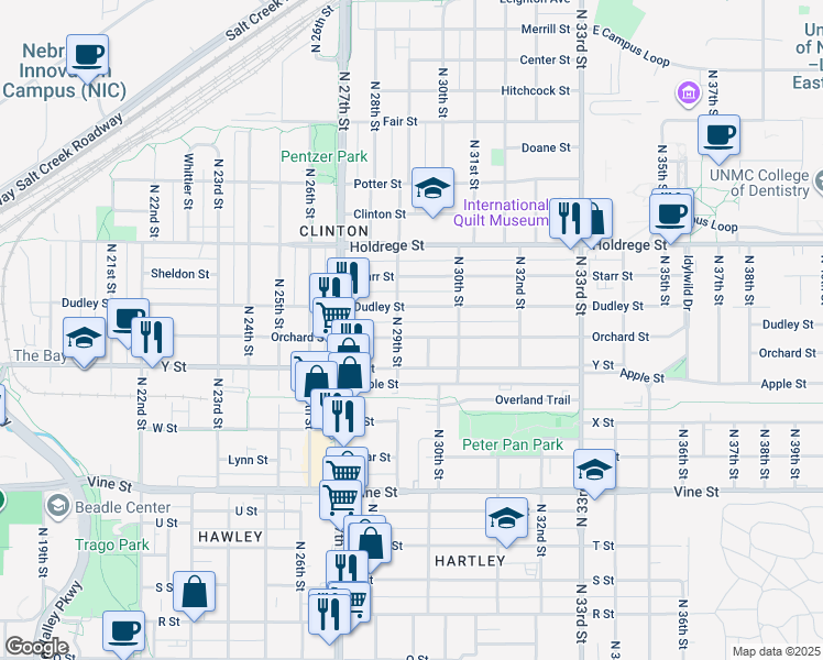map of restaurants, bars, coffee shops, grocery stores, and more near 2918 Orchard Street in Lincoln