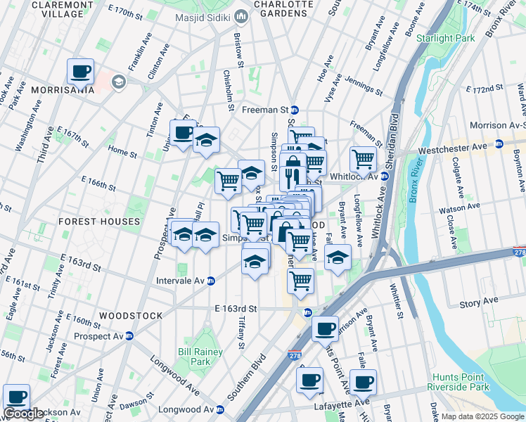 map of restaurants, bars, coffee shops, grocery stores, and more near 1075 Simpson Street in Bronx