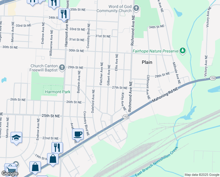map of restaurants, bars, coffee shops, grocery stores, and more near 2658 Gilbert Avenue Northeast in Canton