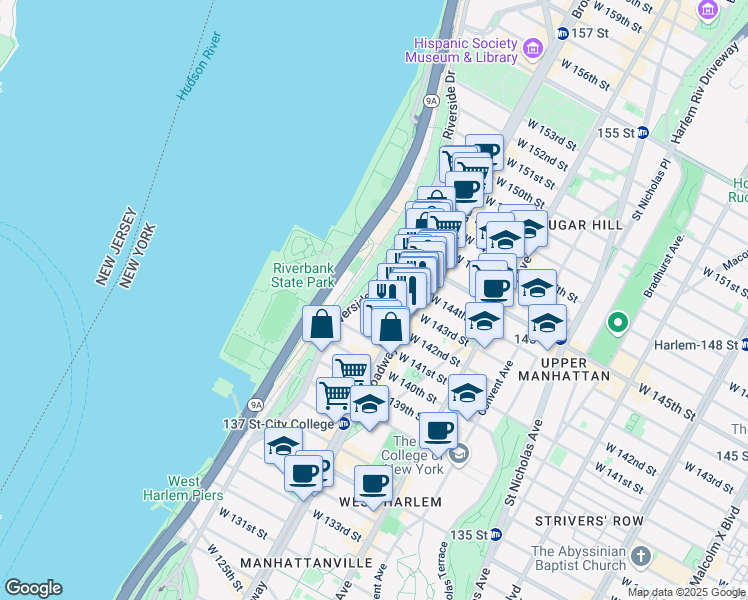 map of restaurants, bars, coffee shops, grocery stores, and more near 624 West 143rd Street in New York