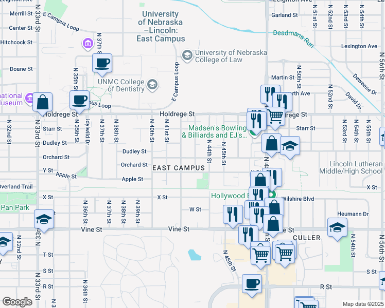 map of restaurants, bars, coffee shops, grocery stores, and more near 1203 North 43rd Street in Lincoln