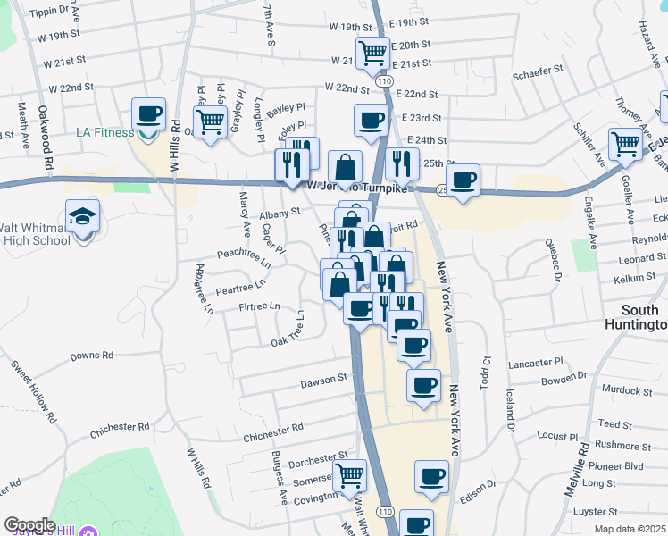 map of restaurants, bars, coffee shops, grocery stores, and more near 133 Walt Whitman Road in Huntington Station