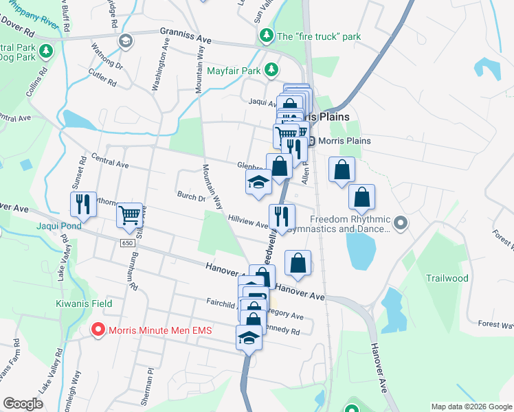 map of restaurants, bars, coffee shops, grocery stores, and more near 500 Speedwell Avenue in Morris Plains