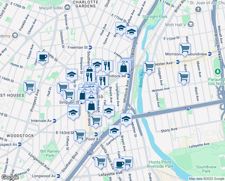 map of restaurants, bars, coffee shops, grocery stores, and more near 1074 Bryant Avenue in Bronx