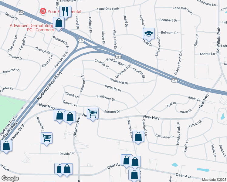 map of restaurants, bars, coffee shops, grocery stores, and more near 22 Butterfly Drive in Hauppauge