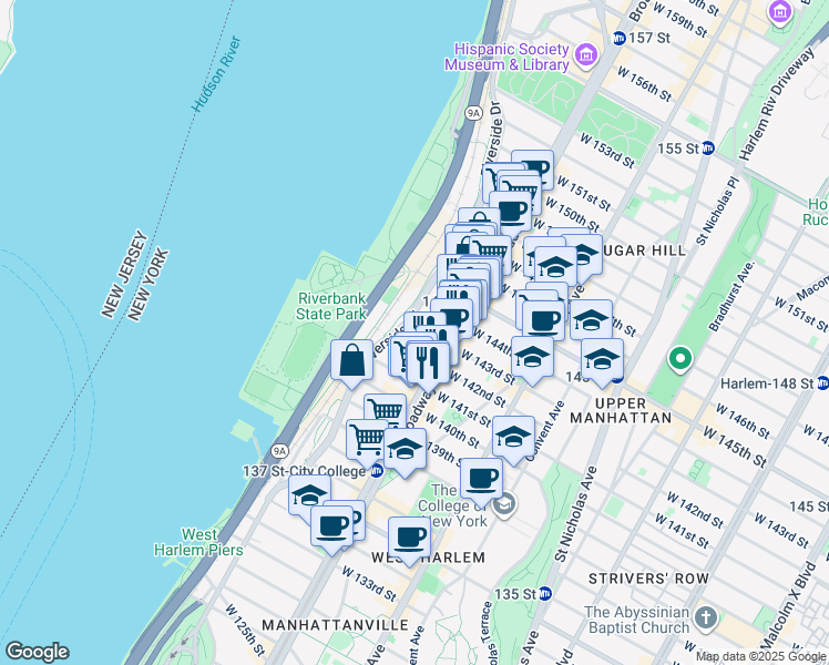 map of restaurants, bars, coffee shops, grocery stores, and more near 620 West 143rd Street in New York