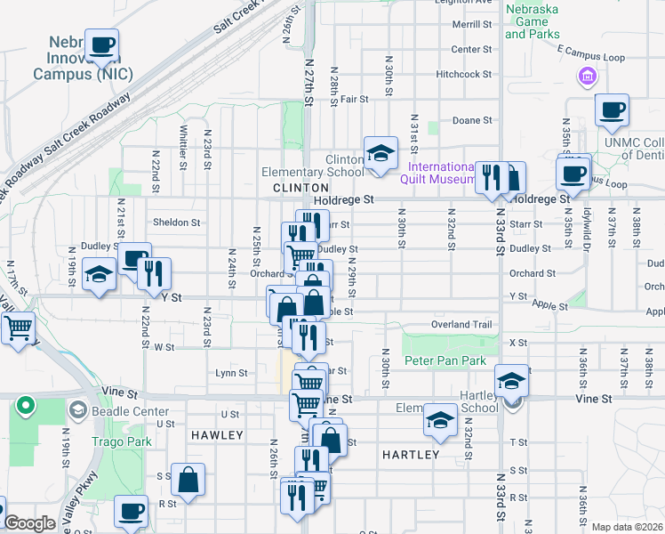 map of restaurants, bars, coffee shops, grocery stores, and more near 2808 Orchard Street in Lincoln