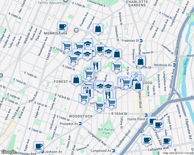 map of restaurants, bars, coffee shops, grocery stores, and more near 1136 Prospect Avenue in The Bronx