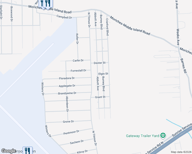 map of restaurants, bars, coffee shops, grocery stores, and more near 90 Abbott Avenue in Mastic