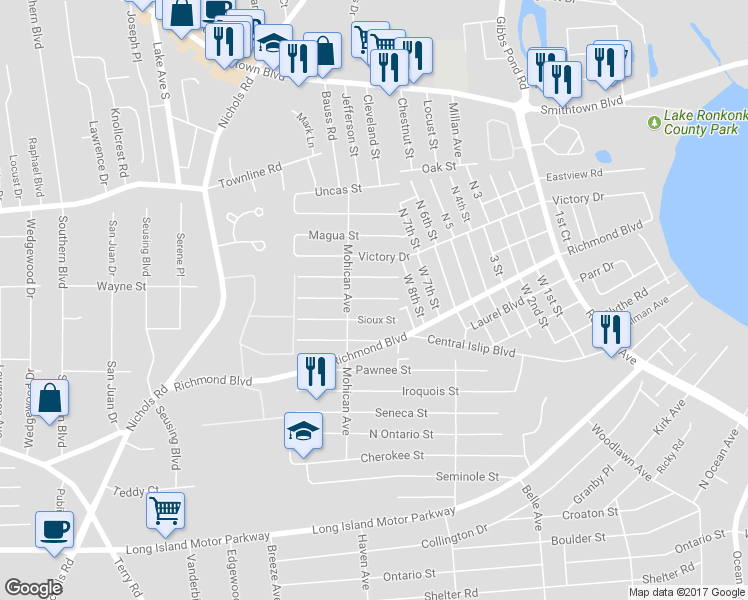 map of restaurants, bars, coffee shops, grocery stores, and more near 174 Mohawk Street in Ronkonkoma