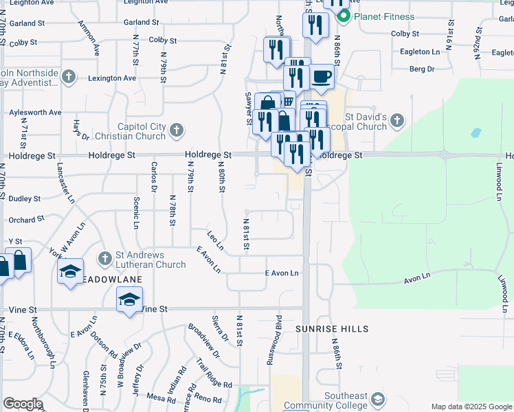 map of restaurants, bars, coffee shops, grocery stores, and more near 8130 Rainy River Road in Lincoln