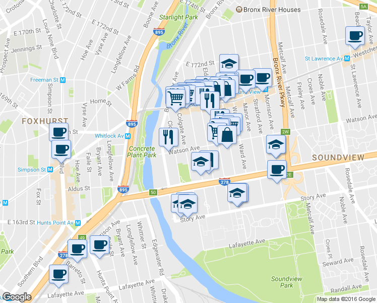 map of restaurants, bars, coffee shops, grocery stores, and more near 1464 Watson Avenue in Bronx