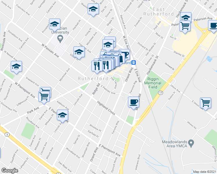 map of restaurants, bars, coffee shops, grocery stores, and more near 61 Sylvan Street in Rutherford