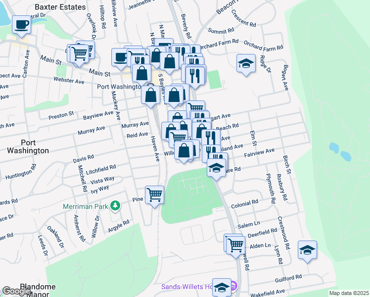 map of restaurants, bars, coffee shops, grocery stores, and more near 25 Willowdale Avenue in Port Washington