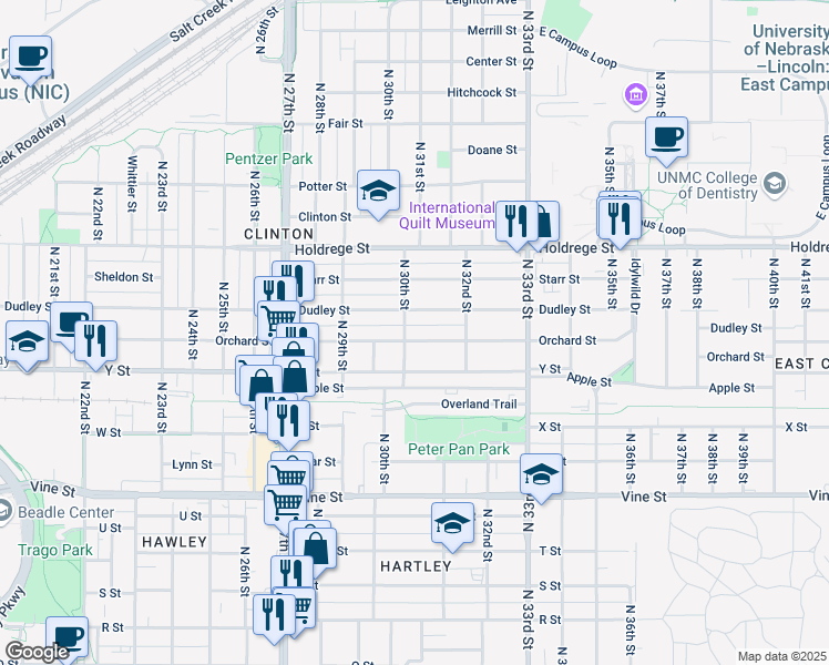 map of restaurants, bars, coffee shops, grocery stores, and more near 3046 Orchard Street in Lincoln