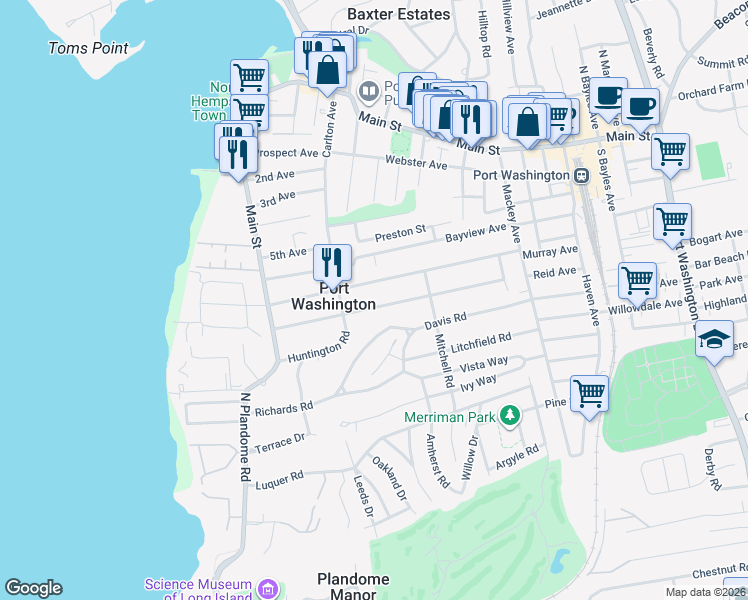 map of restaurants, bars, coffee shops, grocery stores, and more near 47 Reid Avenue in Port Washington