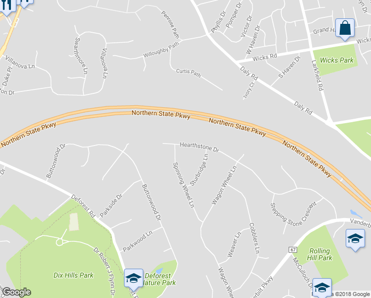 map of restaurants, bars, coffee shops, grocery stores, and more near 42 Hearthstone Drive in Dix Hills
