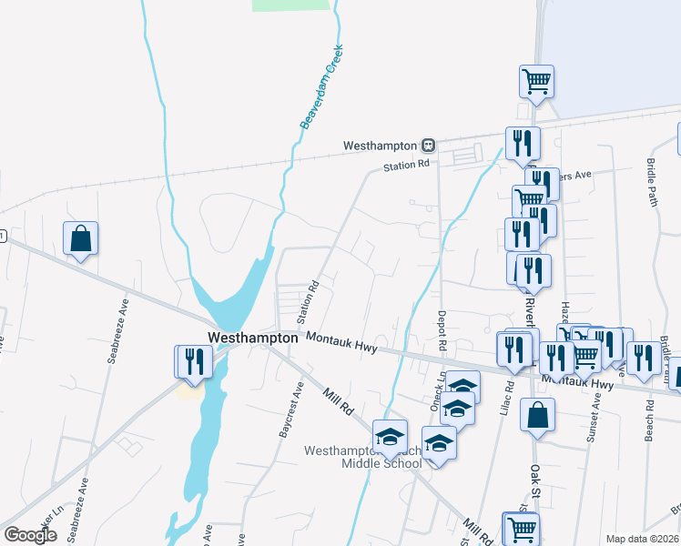 map of restaurants, bars, coffee shops, grocery stores, and more near 18 Station Road in Westhampton