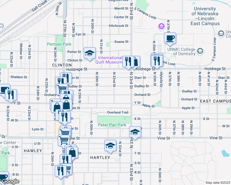 map of restaurants, bars, coffee shops, grocery stores, and more near 3200 Orchard St in Lincoln