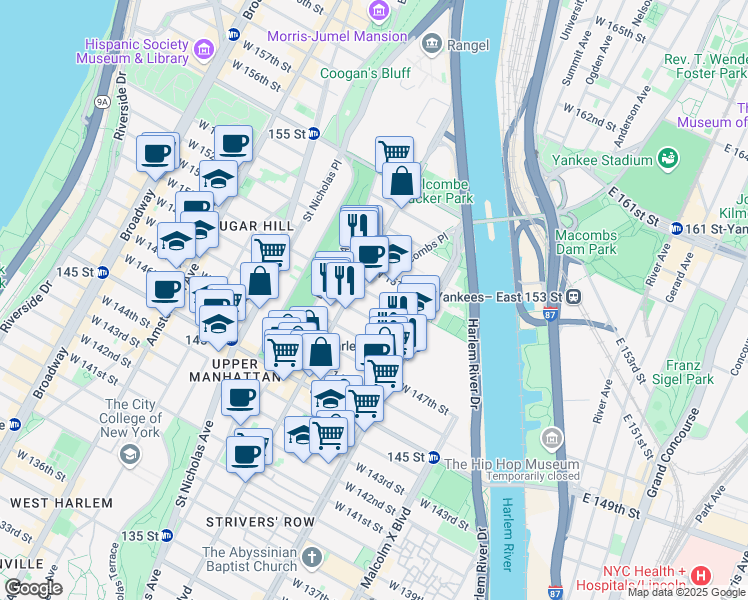 map of restaurants, bars, coffee shops, grocery stores, and more near 246 West 150th Street in New York