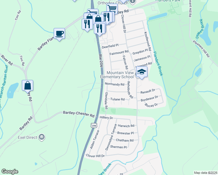 map of restaurants, bars, coffee shops, grocery stores, and more near 32 Glendale Road in Mount Olive