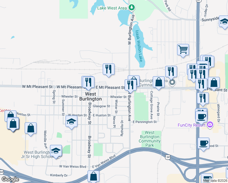 map of restaurants, bars, coffee shops, grocery stores, and more near 110 Ballard St in West Burlington