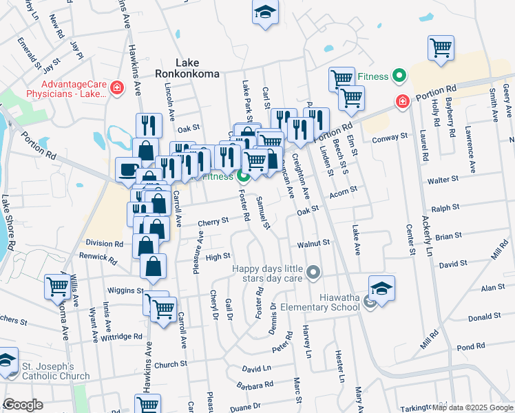 map of restaurants, bars, coffee shops, grocery stores, and more near 62 Samuel Street in Lake Ronkonkoma