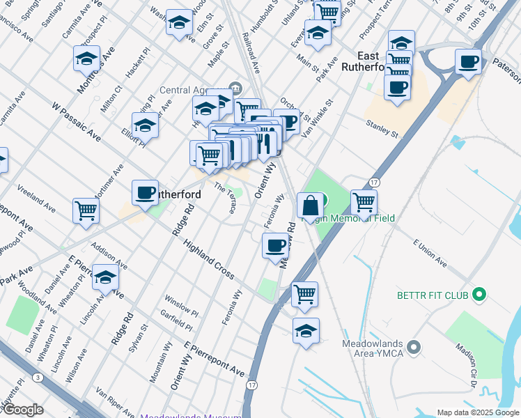 map of restaurants, bars, coffee shops, grocery stores, and more near 69 Orient Way in Rutherford