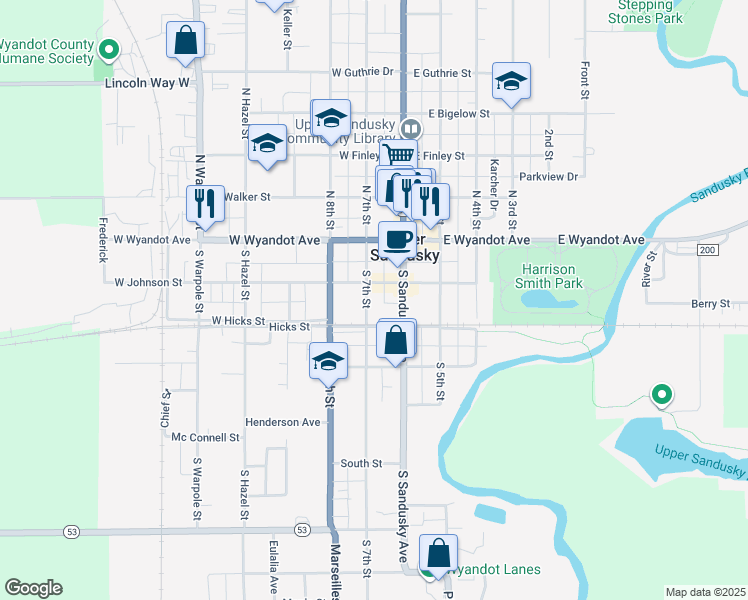 map of restaurants, bars, coffee shops, grocery stores, and more near 215 South 7th Street in Upper Sandusky