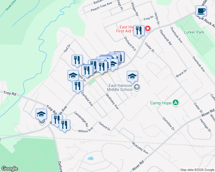 map of restaurants, bars, coffee shops, grocery stores, and more near 21 Grant Avenue in East Hanover