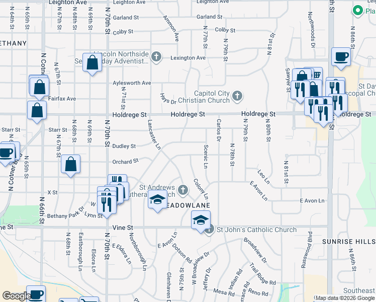 map of restaurants, bars, coffee shops, grocery stores, and more near 1409 West Avon Lane in Lincoln