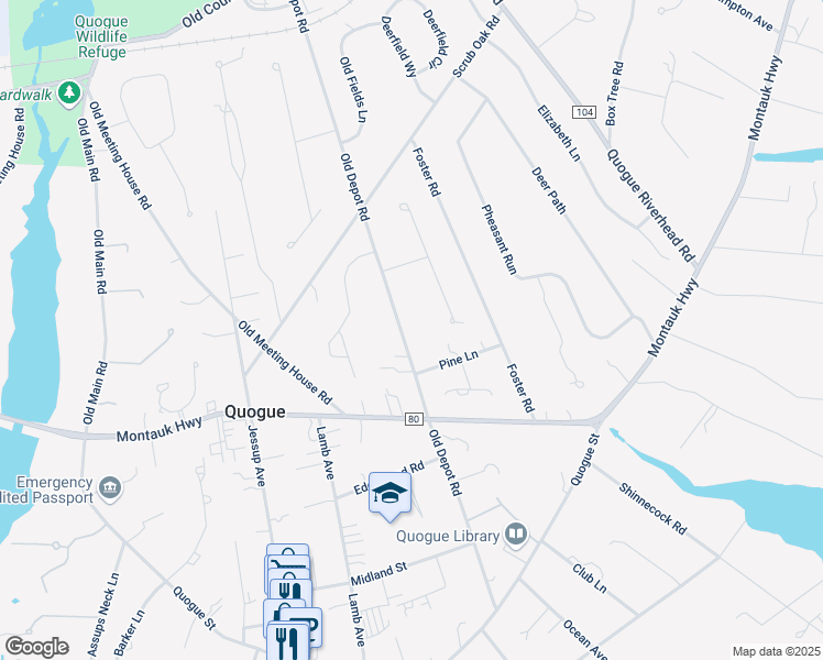 map of restaurants, bars, coffee shops, grocery stores, and more near 58 Old Depot Road in Quogue