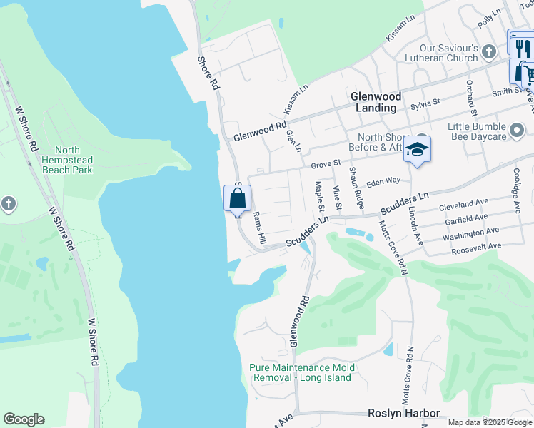 map of restaurants, bars, coffee shops, grocery stores, and more near 2 Motts Lane in Glenwood Landing
