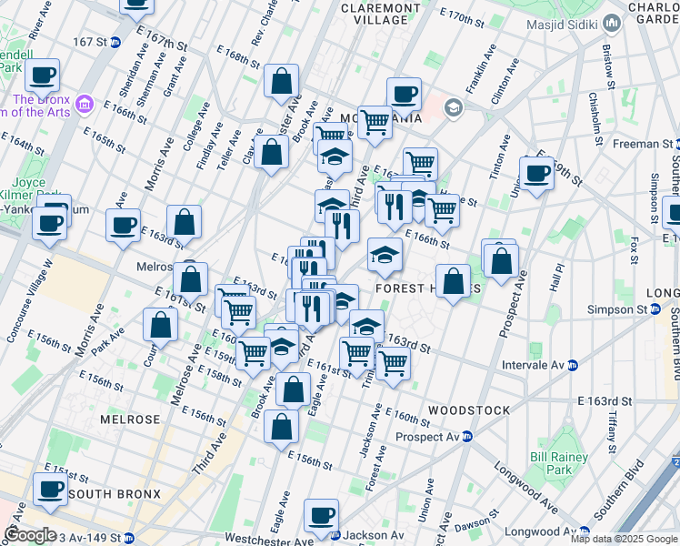 map of restaurants, bars, coffee shops, grocery stores, and more near 3304 3rd Avenue in The Bronx
