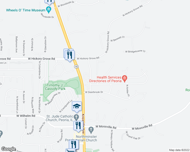 map of restaurants, bars, coffee shops, grocery stores, and more near 11301 North Hickory Woods Court in Dunlap