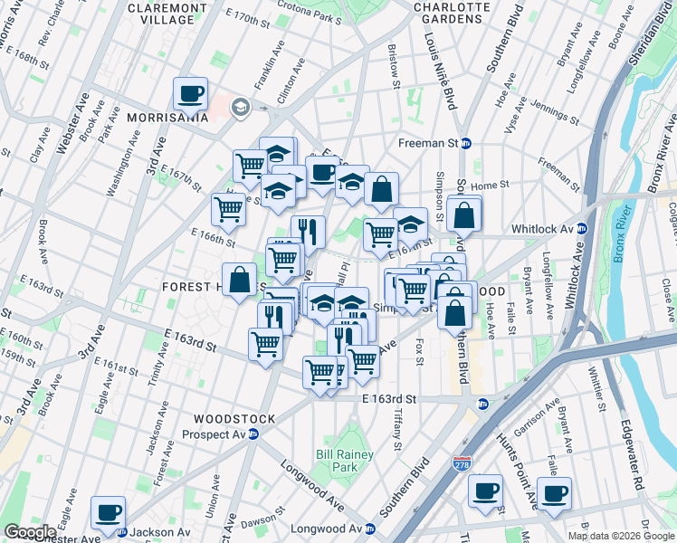 map of restaurants, bars, coffee shops, grocery stores, and more near 1075 Hall Place in Bronx