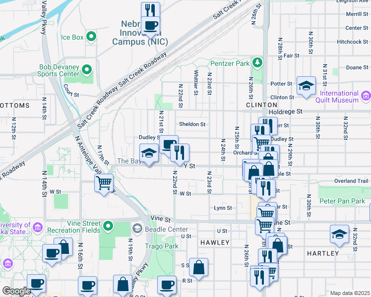 map of restaurants, bars, coffee shops, grocery stores, and more near 2222 Orchard Street in Lincoln
