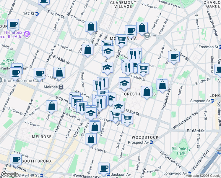 map of restaurants, bars, coffee shops, grocery stores, and more near 3304 3rd Avenue in The Bronx