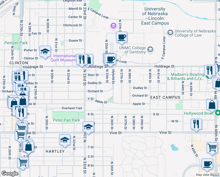 map of restaurants, bars, coffee shops, grocery stores, and more near 3508 Orchard Street in Lincoln