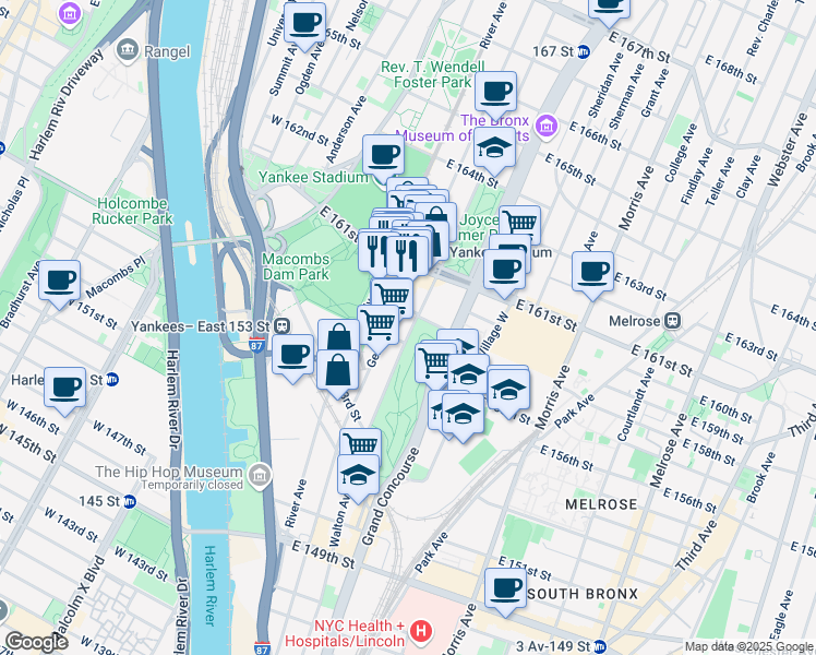 map of restaurants, bars, coffee shops, grocery stores, and more near 811 Walton Avenue in The Bronx